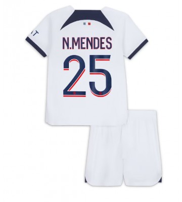 Paris Saint-Germain Nuno Mendes #25 Koszulka Wyjazdowych Dziecięca 2023-24 Krótki Rękaw (+ Krótkie spodenki)